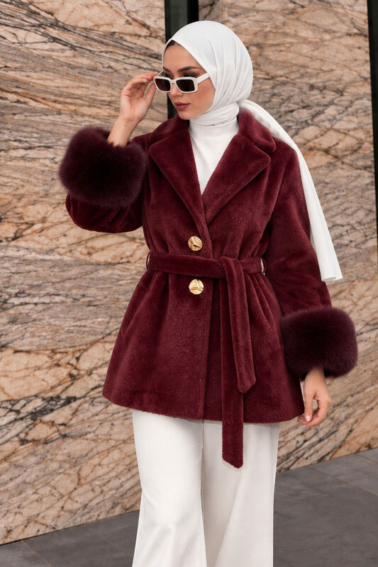 Kolları Kürklü Fox Kaban TSD260352 Bordo - 5