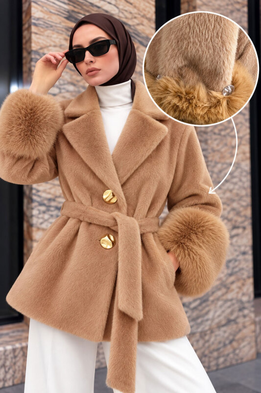 Kolları Kürklü Fox Kaban TSD260352 Camel - Tesettür Dünyası (1)
