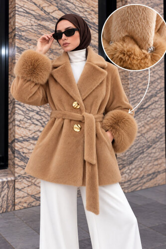Kolları Kürklü Fox Kaban TSD260352 Camel - Tesettür Dünyası (1)