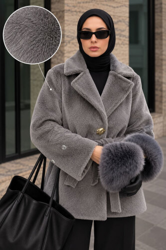 Kolları Kürklü Fox Kaban TSD260352 Gri - Tesettür Dünyası (1)