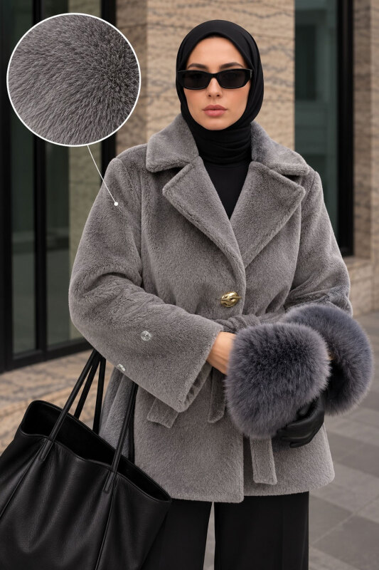 Kolları Kürklü Fox Kaban TSD260352 Gri - Tesettür Dünyası (1)