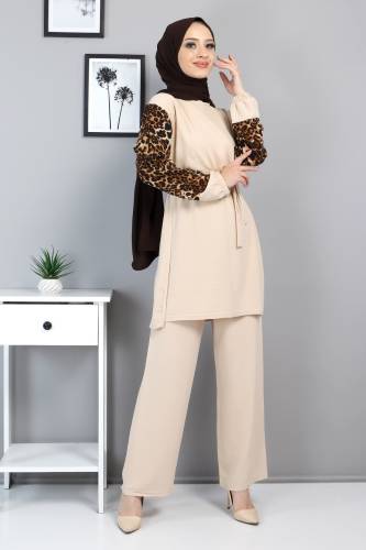 Kolları Leopar Desenli Takım TSD220513 Bej - Tesettür Dünyası (1)