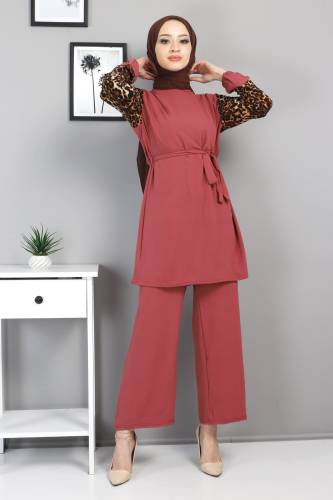 Kolları Leopar Desenli Takım TSD220513 Gül Kurusu - Tesettür Dünyası (1)