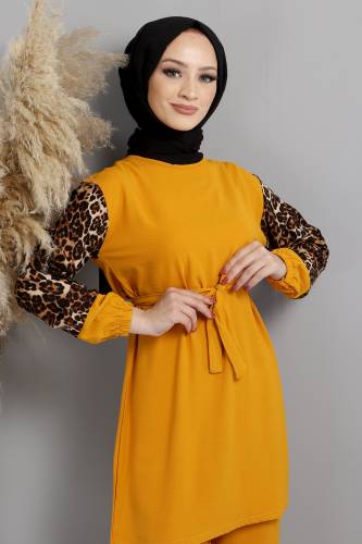 Kolları Leopar Desenli Takım TSD220513 Hardal - Tesettür Dünyası (1)