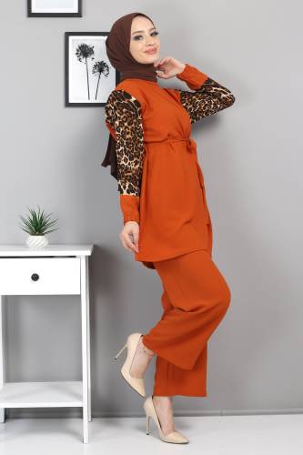 Kolları Leopar Desenli Takım TSD220513 Kiremit - Tesettür Dünyası (1)