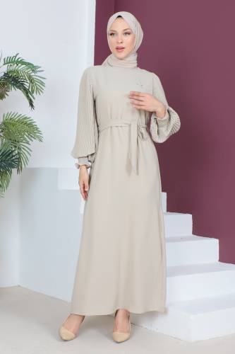Kolları Pileli Elbise TSD230524 Bej 