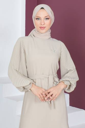 Kolları Pileli Elbise TSD230524 Bej - Tesettür Dünyası (1)