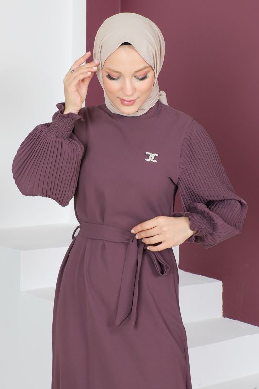 Kolları Pileli Elbise TSD230524 Gül Kurusu - 2