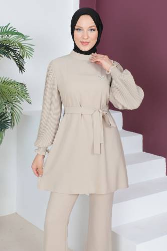 Kolları Pileli İkili Takım TSD230522 Bej - Tesettür Dünyası (1)
