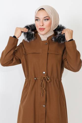 Kolu Çakımlı Tam Boy Kaşe Kaban TSD230915 Camel - Tesettür Dünyası (1)