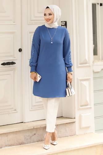 Kolu Dantel Detaylı Kolyeli Tunik TSD240408 İndigo 