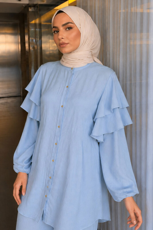 Kolu Fırfır Detaylı İkili Takım TSD260266 Mavi - Tesettür Dünyası (1)