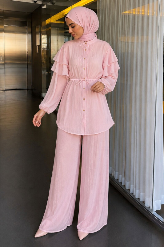 Kolu Fırfır Detaylı İkili Takım TSD260266 Pembe - 3