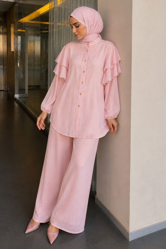 Kolu Fırfır Detaylı İkili Takım TSD260266 Pembe - 5