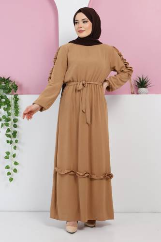 Kolu Fırfırlı Elbise TSD220325 Camel - Tesettür Dünyası (1)