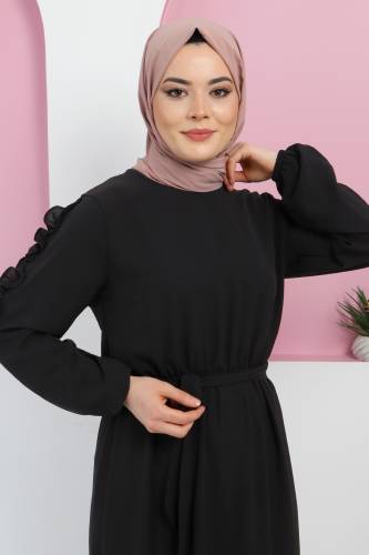 Kolu Fırfırlı Elbise TSD220325 Siyah - Tesettür Dünyası (1)