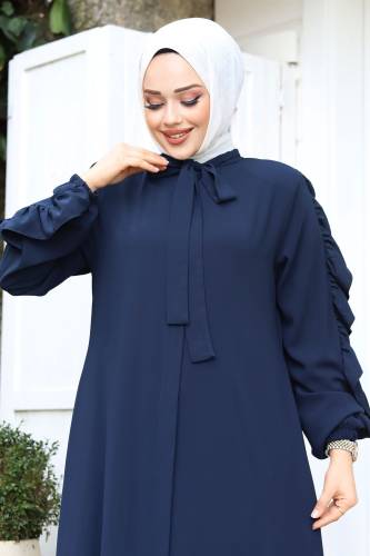 Kolu Fırfırlı Yakası Bağlama Detaylı Ferace TSD240246 Lacivert - Tesettür Dünyası (1)
