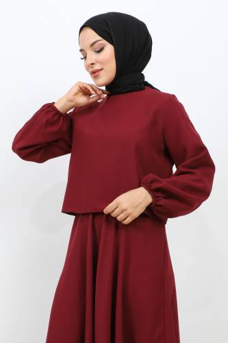 Kolu Lastikli Etekli Takım TSD231105 Bordo - Tesettür Dünyası (1)