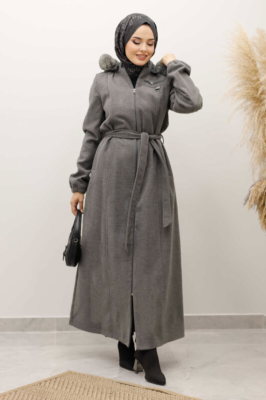 Kolu Lastikli Fermuar Detaylı Kaşe Kaban TSD250248 Gri - 1