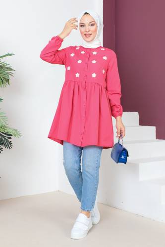 Kolu Lastikli Nakışlı Tunik TSD230620 Pembe 