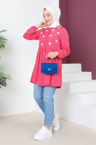 Kolu Lastikli Nakışlı Tunik TSD230620 Pembe - 3