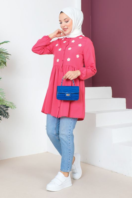 Kolu Lastikli Nakışlı Tunik TSD230620 Pembe - 3