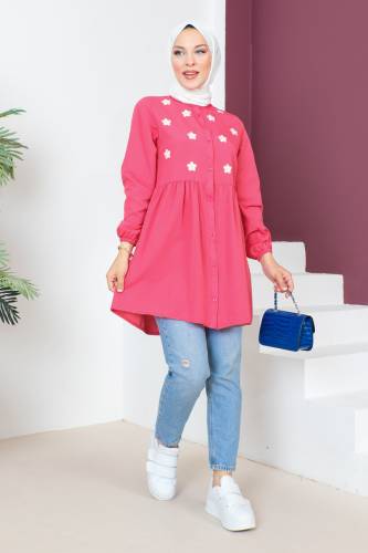 Kolu Lastikli Nakışlı Tunik TSD230620 Pembe - 4