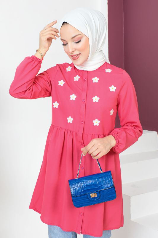 Kolu Lastikli Nakışlı Tunik TSD230620 Pembe - 2