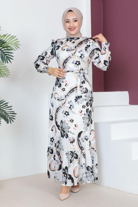 Kolu Ucu Gipe Detaylı Elbise TSD230605 Beyaz - 1