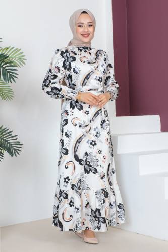 Kolu Ucu Gipe Detaylı Elbise TSD230605 Beyaz - 4