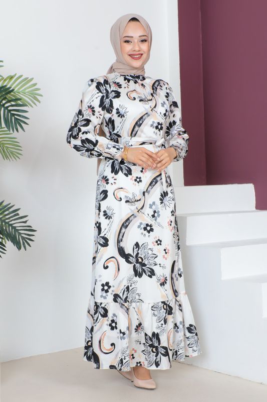 Kolu Ucu Gipe Detaylı Elbise TSD230605 Beyaz - 4