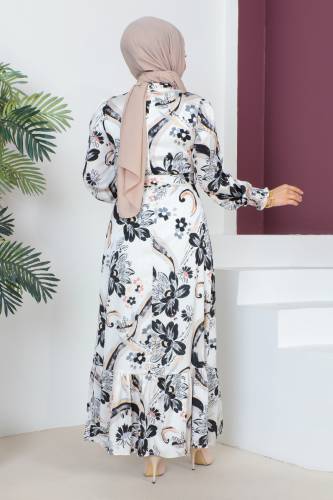 Kolu Ucu Gipe Detaylı Elbise TSD230605 Beyaz - 5