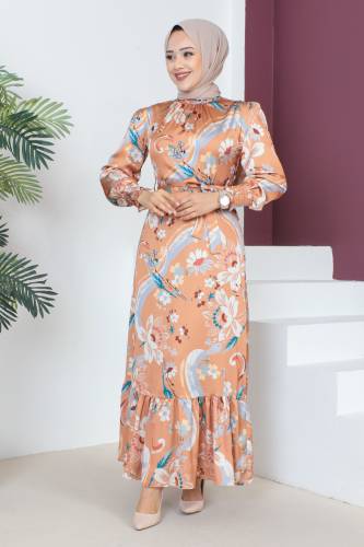 Kolu Ucu Gipe Detaylı Elbise TSD230605 Taba - 3