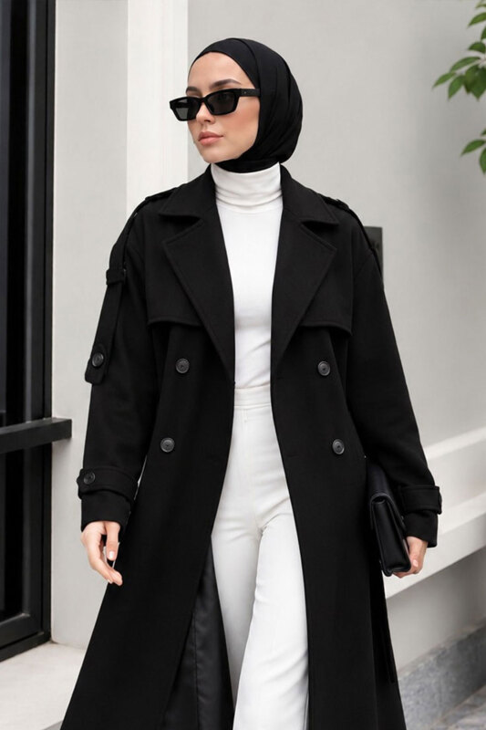 Kruvaze Yaka Apolet Detaylı Kaşe Kaban TSD260378 Siyah - 4