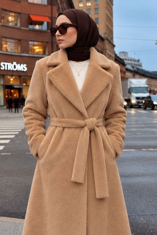 Kruvaze Yaka Astarlı Araboy Kaban TSD260297 Camel - Tesettür Dünyası (1)