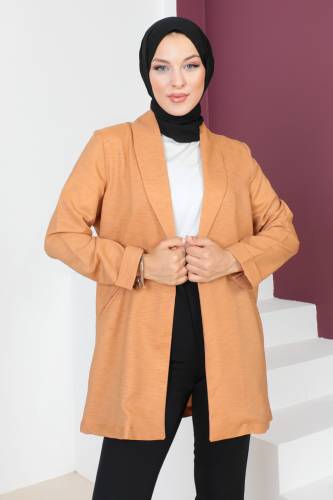 Kruvaze Yaka Ceket TSD230640 Taba - Tesettür Dünyası (1)
