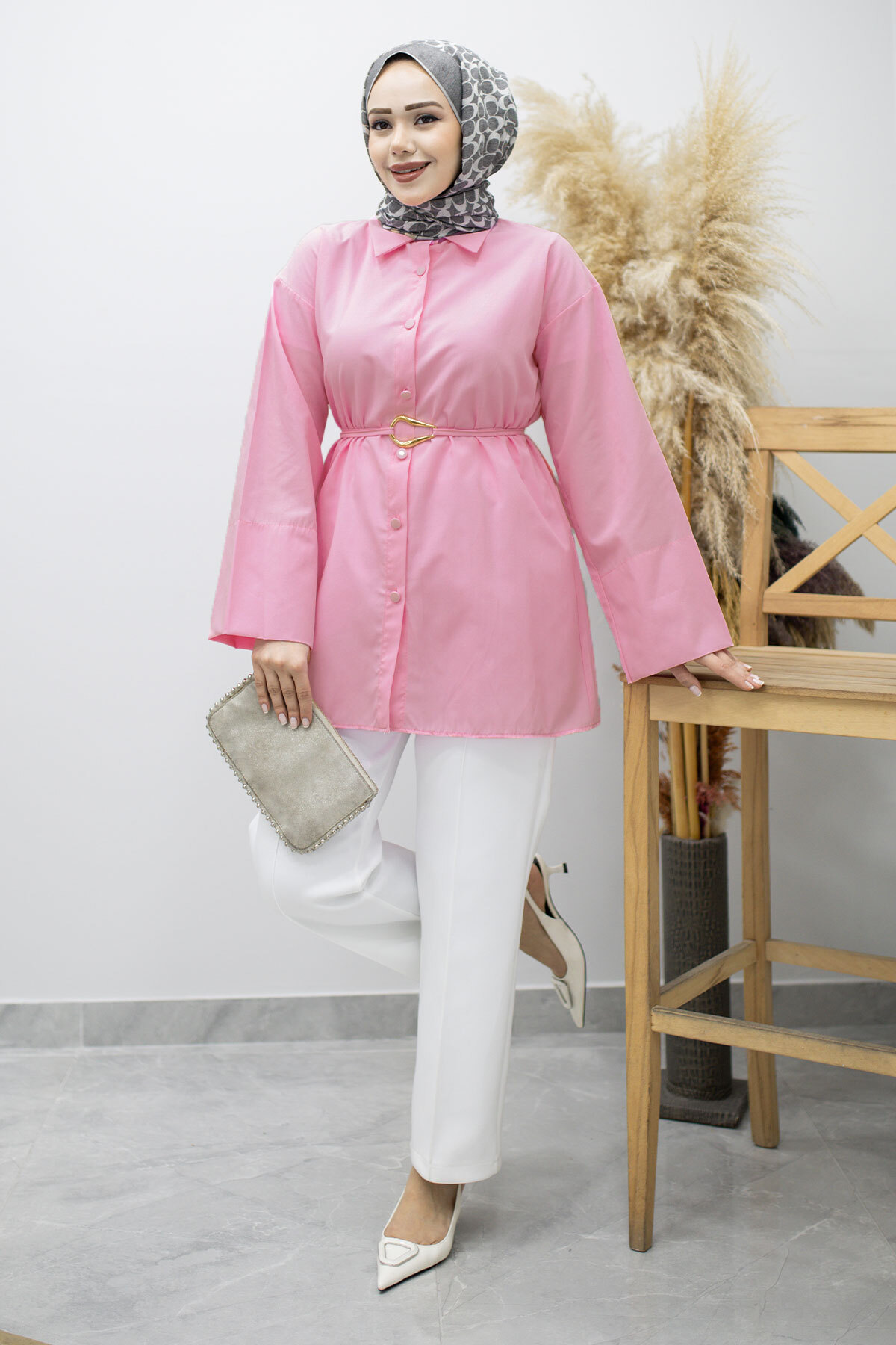 Kuşağı Gold Detaylı Gömlek TSD260162 Pembe