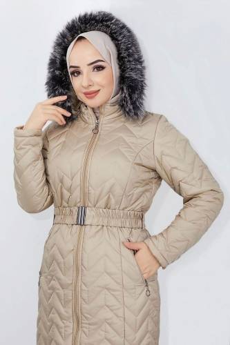 Lastik Kemerli Kapitone Mont TSD220827 Bej - Tesettür Dünyası (1)