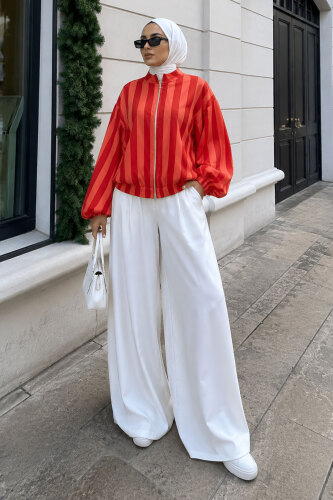 Lastikli Çizgi Detaylı Bomber Ceket TSD260277 Kırmızı - 3