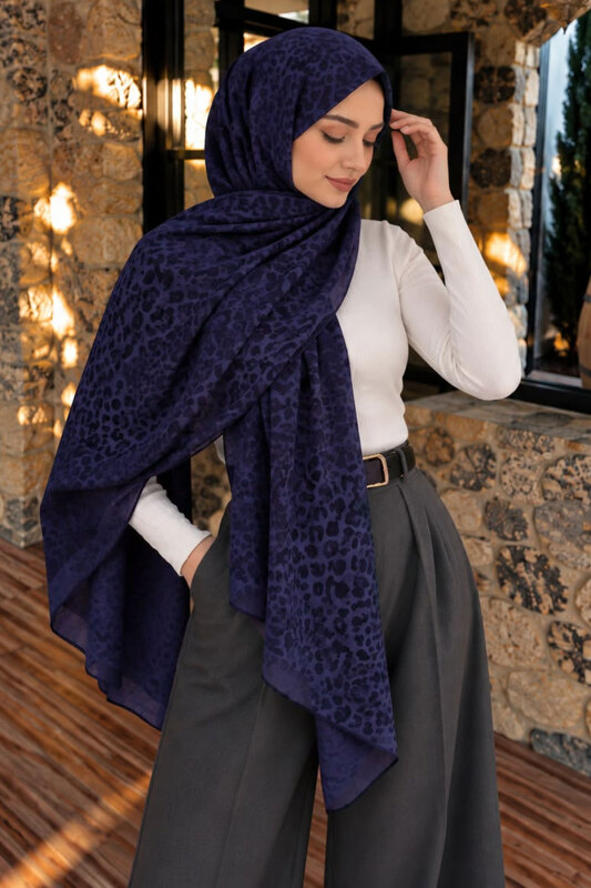 Leopar Desenli Jakarlı Şal TSD260360 Lacivert - Tesettür Dünyası