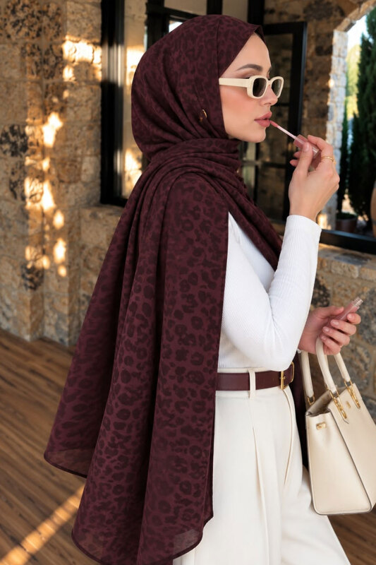 Leopar Desenli Jakarlı Şal TSD260360 Mürdüm - 3