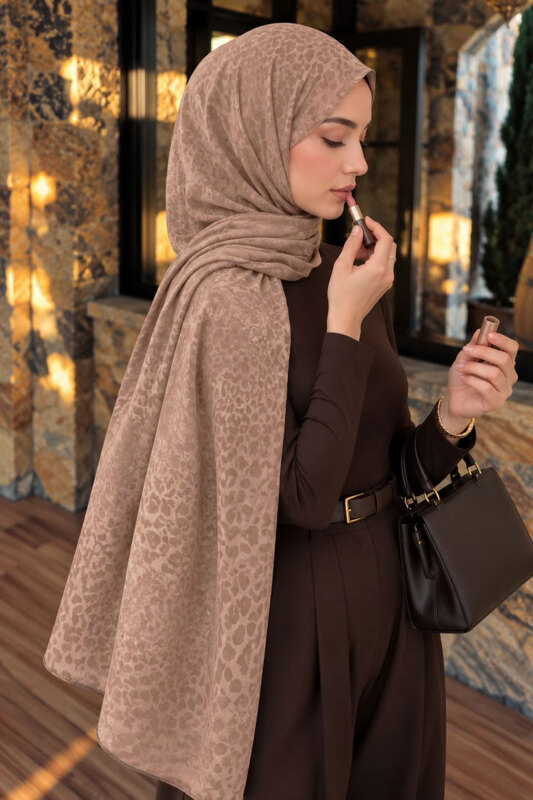 Leopar Desenli Jakarlı Şal TSD260360 Vizon - 3