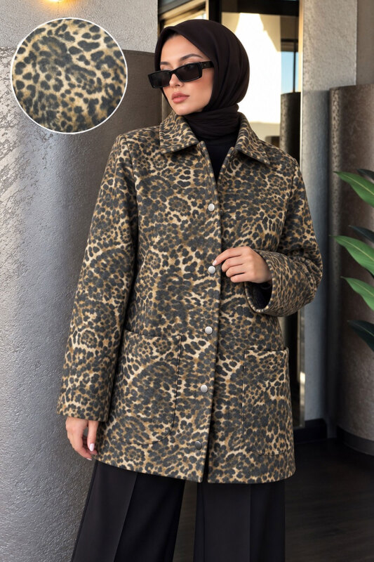 Leopar Desenli Kaşe Kaban TSD260359 - Tesettür Dünyası (1)