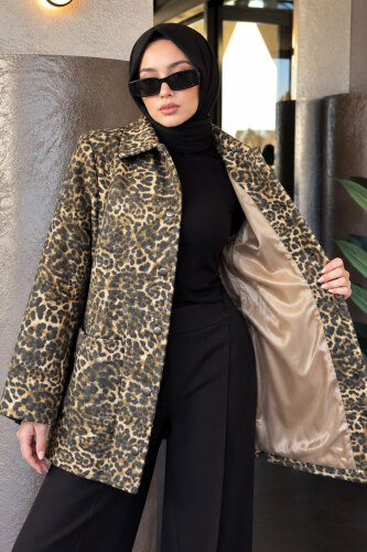 Leopar Desenli Kaşe Kaban TSD260359 - 3