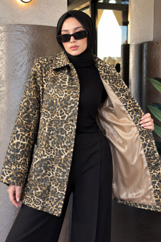 Leopar Desenli Kaşe Kaban TSD260359 - 3