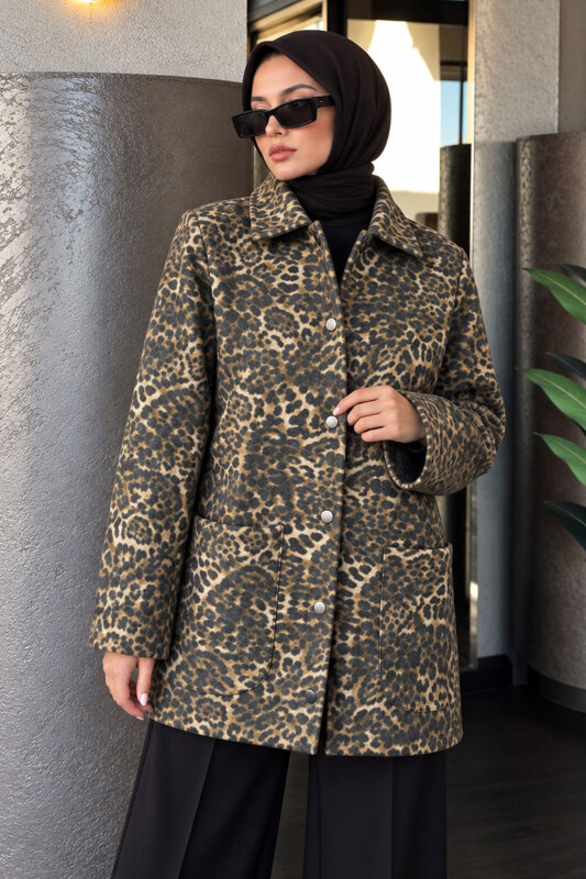 Leopar Desenli Kaşe Kaban TSD260359 - 4