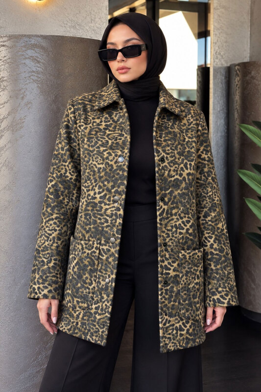 Leopar Desenli Kaşe Kaban TSD260359 - 5