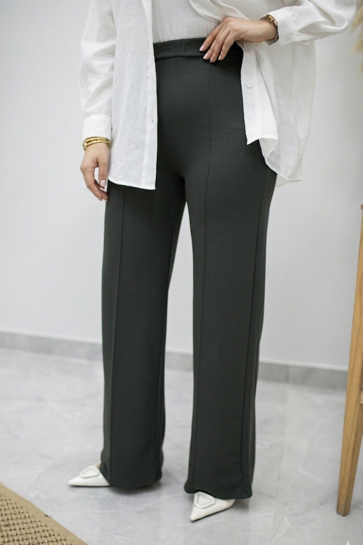Likralı Çimalı Bol Paça Pantolon TSD260161 Antrasit