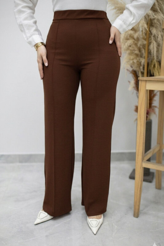 Likralı Çimalı Bol Paça Pantolon TSD260161 Kahverengi - 1