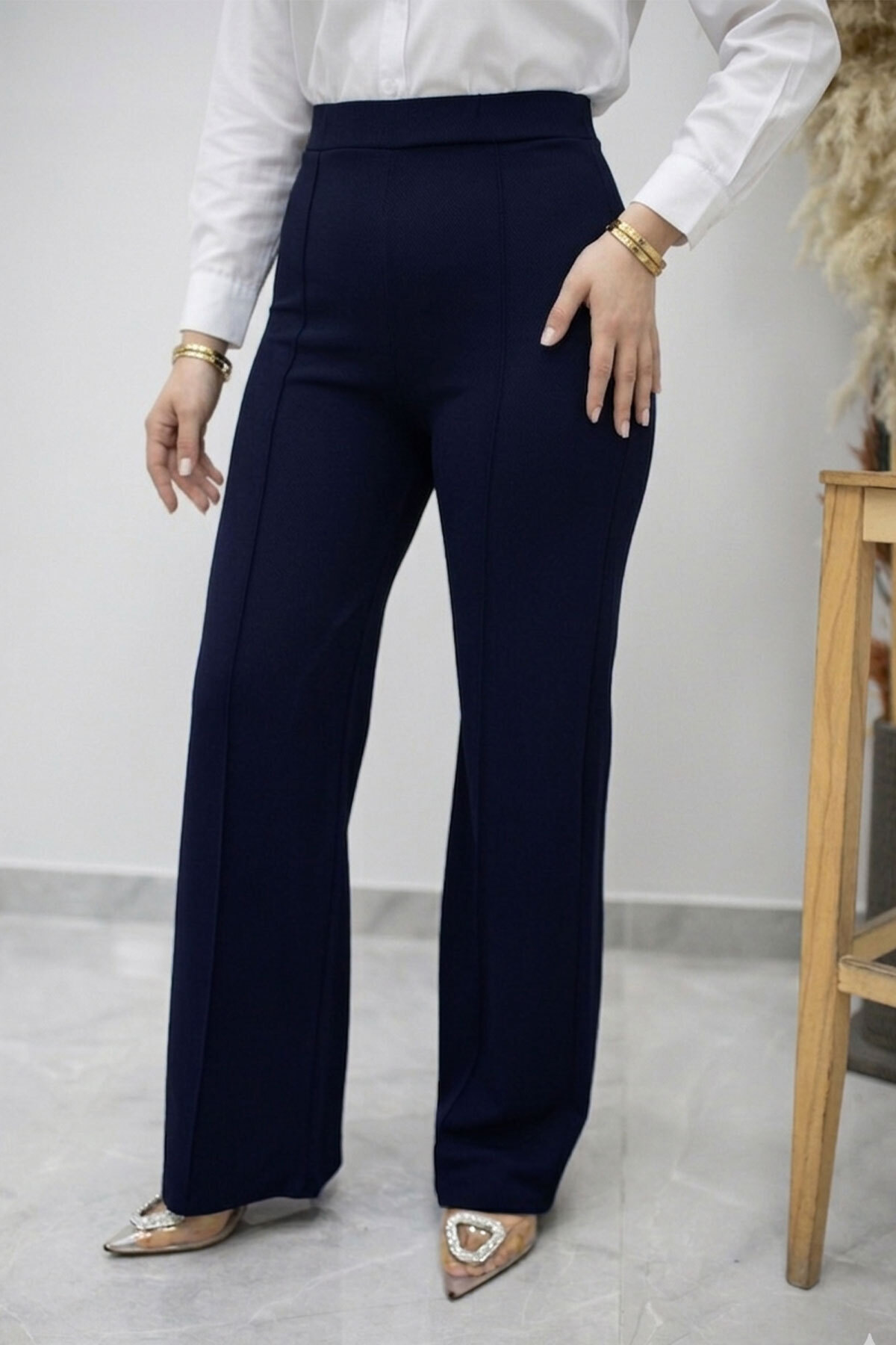 Likralı Çimalı Bol Paça Pantolon TSD260161 Lacivert